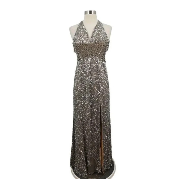 BG Haute Women's Silk V-Neck Silver Floor Length Sequin Evening Gown Size 0 NWOT - Picture 1 of 16